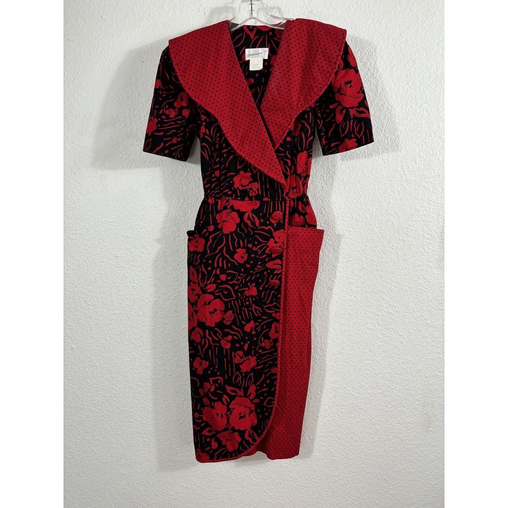 Vintage Brenner Dress Womens 7/8 Black Red Floral Polka Dot Collar Midi 80s